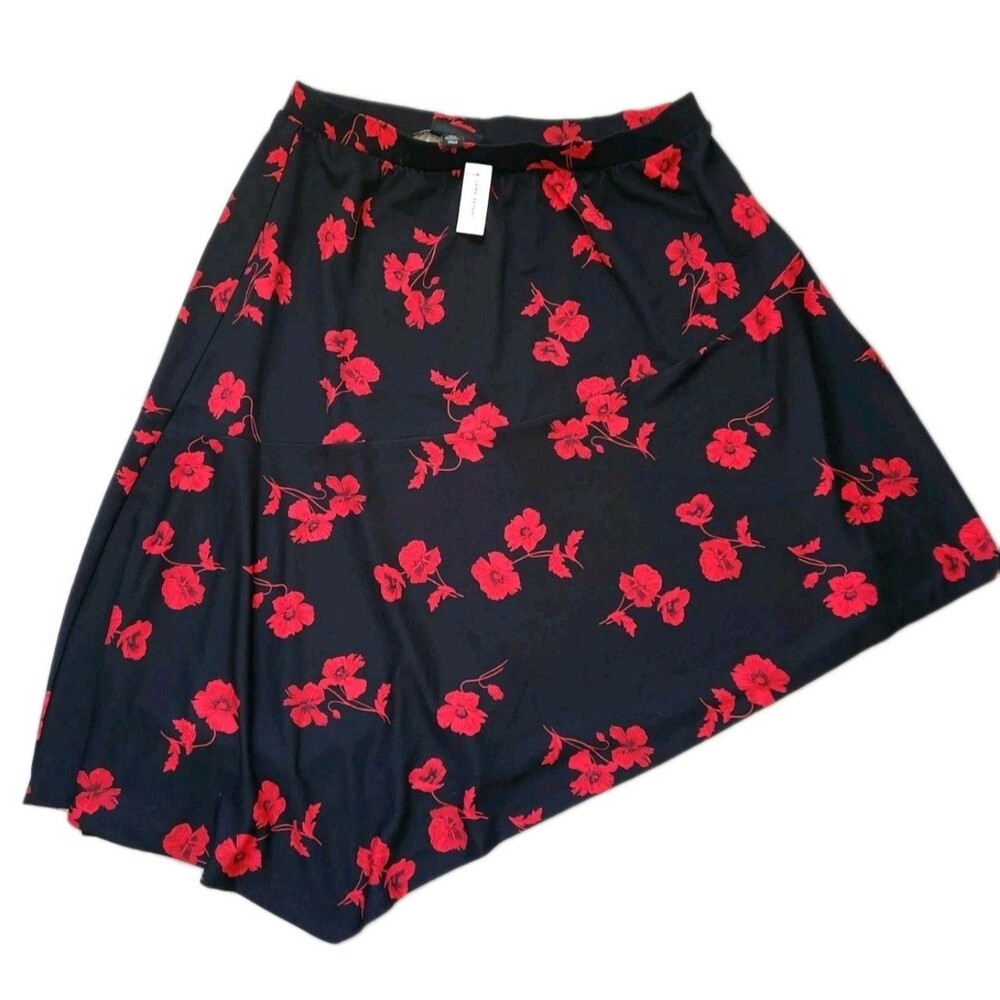 NWT Lane Bryant Asymmetrical Midi Skirt Black Red Floral Pull On Sz 18/20